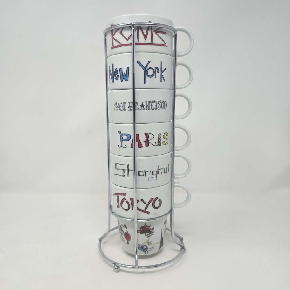 6 Stacking Espresso Mugs with Chrome Rack World Cities Travel Theme Cup Set